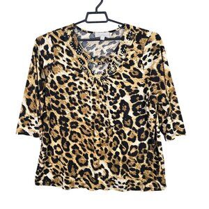 Womens Carolyn Taylor Animal Print Blouse Round Neck Keyhole Short Sleeve 2X